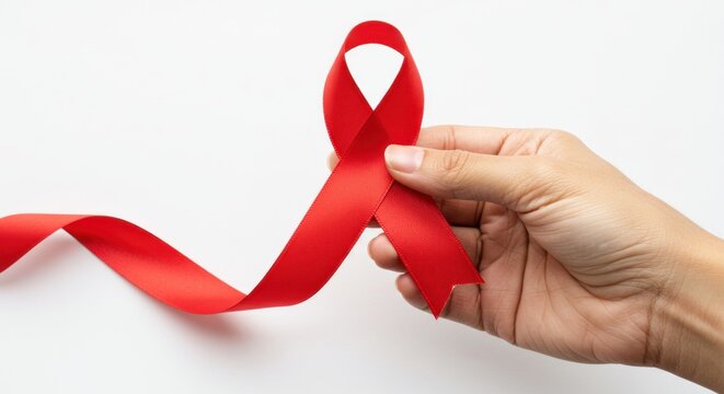 A Red Ribbon Symbolizing Global Awareness in the Hands of a Person on White Backdrop