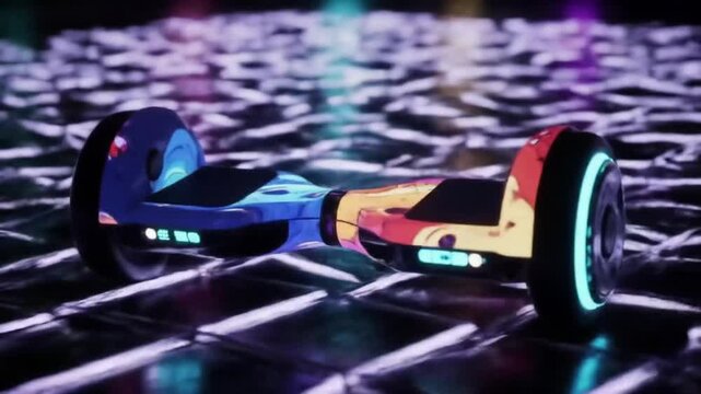 Colorful hoverboard on illuminated floor with vibrant patterns  