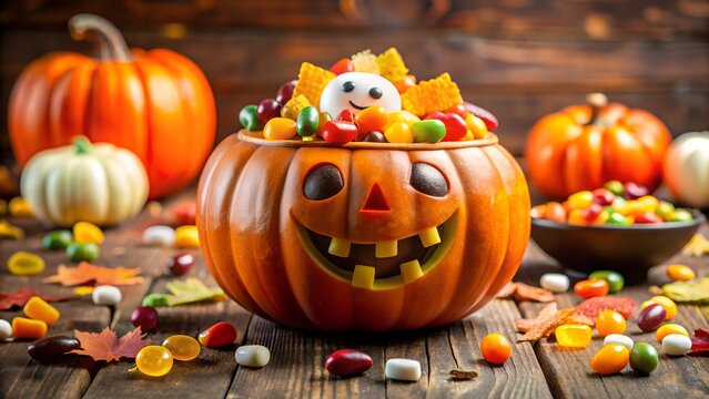 Photo of a carved halloween pumpkin overflowing with colorful candies, surrounded by more treats and autumn leaves
