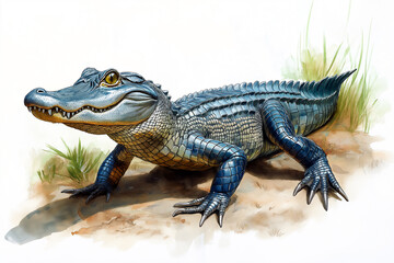 Obraz premium Toothy alligator basking in sunlit wetlands, showcasing scaly predator features and natural habitat.