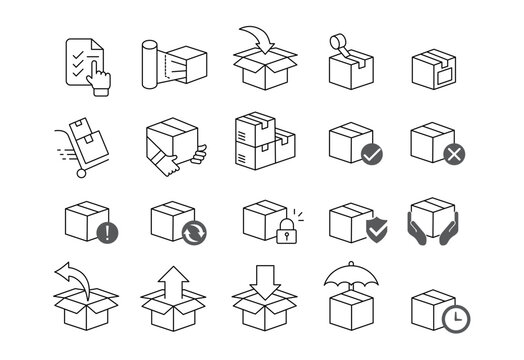 Shipping and packaging icon set with various parcel box symbols