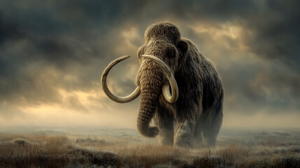A woolly mammoth with long, white tusks stands on the plains of prehistoric times
