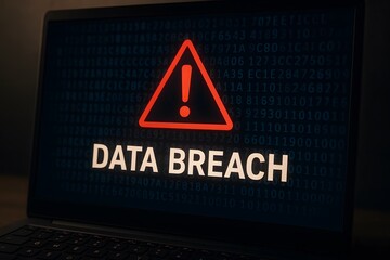 Data breach alert on computer screen warning of security risk and potential cyber attack incident online