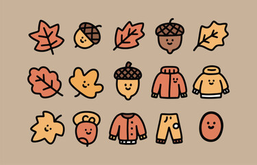 Fototapeta premium Cute autumn icons featuring leaves acorns sweaters and pants
