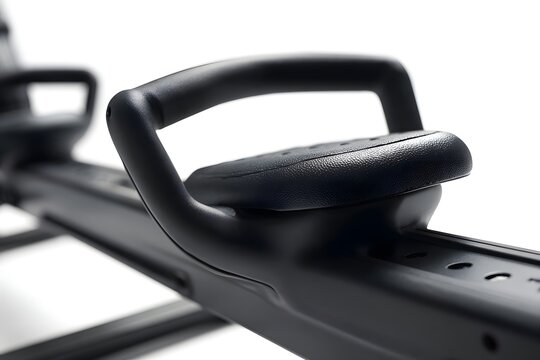 Close-up of a rowing machine handle showcasing ergonomic design and sleek features against a white background - Powered by Adobe