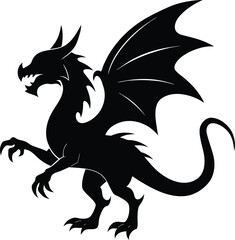Vector art of a fierce black dragon silhouette with spread wings stands on a plain white background, isolated
