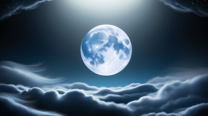 3D rendering of bright moon over night clouds