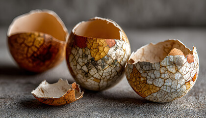 Three broken brown eggshells on gray surface. Cracked shells evoke fragility, waste. New beginnings, the cycle of life, concept impermanence is visualized with egg fragments.