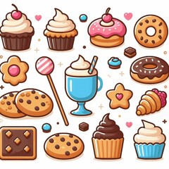 An array of cartoon desserts featuring donuts cookies cupcakes and a drink against a white background