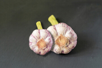 two young garlic on a dark gray background