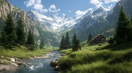 Idyllic Alpine View: Pristine River Running Through Meadows Beneath Majestic Snowy Summits