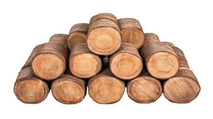 a neatly arranged pyramid of round wood logs on white background