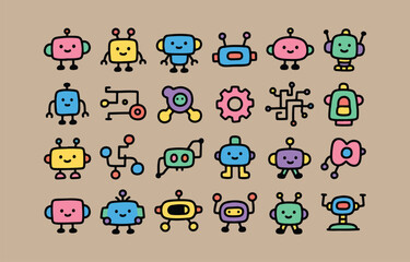 Obraz premium Collection of cute and colorful cartoon robots and circuit elements