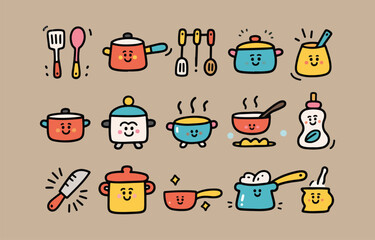 Cute kawaii cooking utensils and pots with happy faces