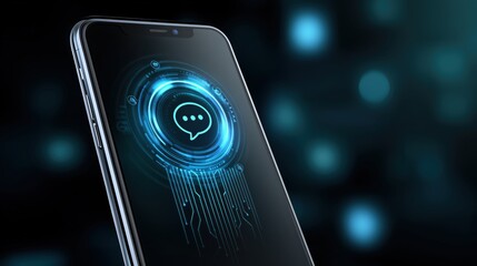Modern smartphone displaying a futuristic messaging interface with glowing icons and digital patterns