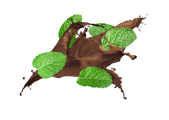 Chocolate splash and mint leaves in air on white background