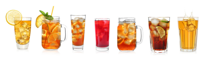 Iced tea. Different types of drinks in glasses isolated on white, set