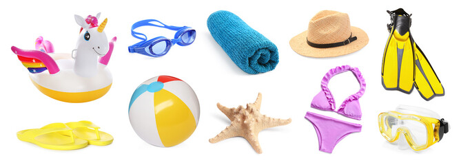 Different stylish beach accessories and starfish on white background, collage