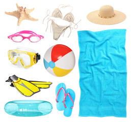 Different stylish beach accessories and starfish on white background, collage