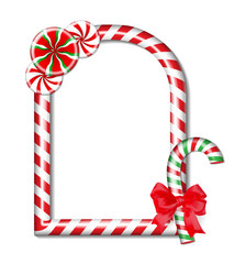 Obraz premium Christmas candy cane vertical arch frame. Holiday border with red and green stripes. Xmas frame with striped candy lollipop pattern. Christmas and new year vector template
