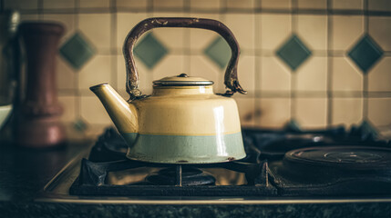 Vintage teapot on wooden background.
