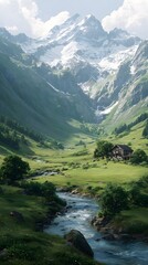 Idyllic Alpine View: Pristine River Running Through Meadows Beneath Majestic Snowy Summits