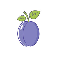 Cartoon plum illustration on black background. Shiny fruit with leaves and stem. Single plum graphic design element.