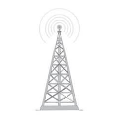 Illustration of a gray transmission tower emitting white waves on black background