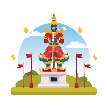Illustration of a Thai giant statue holding a sword on a pedestal