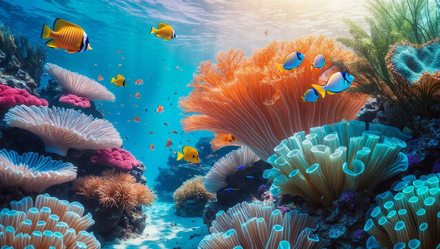 Colorful tropical fish swimming among vibrant coral reefs in clear blue ocean water. A stunning underwater scene full of marine life and beauty.