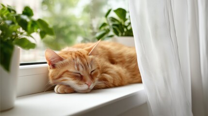Calm orange cat napping peacefully on a windowsill beside potted plants in a sunny room