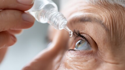 Senior applying eye drops for hydration and comfort in a well-lit room, focusing on health and wellness during evening routine