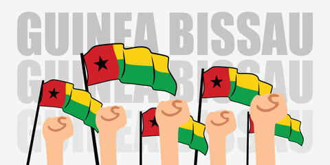 hand with flag of the Guinea Bissau or Guinea Bissau independence day vector illustration of Guinea Bissau flag with gray background banner or greeting card