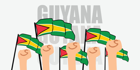 hand with flag of the Guyana or Guyana independence day vector illustration of Guyana flag with gray background banner or greeting card