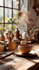Fototapeta premium Crafting pottery in a sunlit studio filled with natural materials and tools of the trade