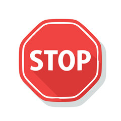 Red stop sign with long shadow and white border graphic element for traffic safety compliance or prohibition concept