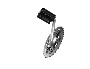 Bicycle pedal, crank arm, and chainring assembly, showcasing essential cycling mechanics. High-resolution 3D render on a PNG Transparent HD Background, ideal for design, sport, or repair themes.