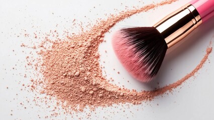 Luxury pink gold makeup brush with scattered powder on white background, glamorous cosmetic tool photography, ai generation