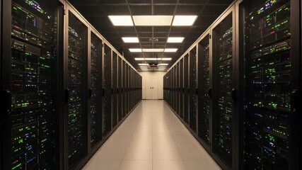 Server room with rows of rack-mounted servers and dim lighting - Powered by Adobe