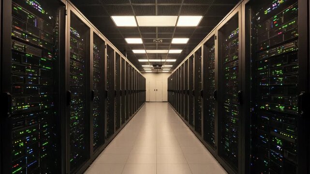 Server room with rows of rack-mounted servers and dim lighting  