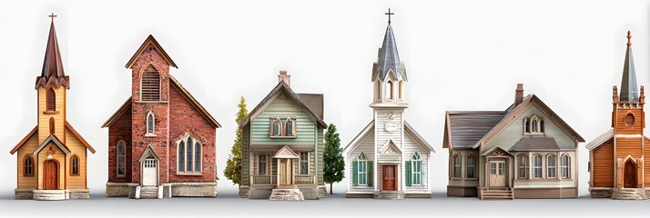 A row of intricately designed miniature churches showcasing diverse architectural styles and colors