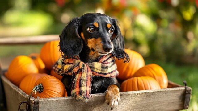Dachshund in Scarf with Pumpkins in Autumn Setting