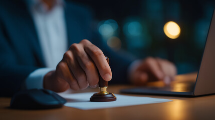 Hand stamping approval on salon paperwork in an office setting