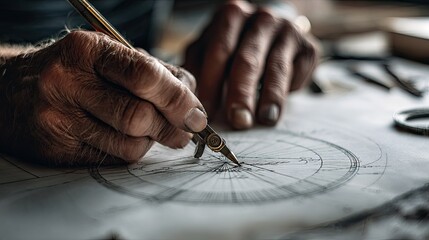 Aged hands drawing blueprints with compass