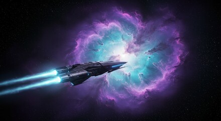 Futuristic spaceship hurtling past a vibrant swirling nebula in deep space exploration