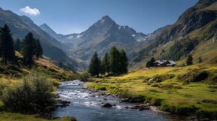 Scenic Mountain Valley – Snow-Capped Peaks, Green Meadows, and Serene Riverside Cabin