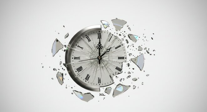 Abstract concept of time with a shattered clock face, emphasizing loss and urgency