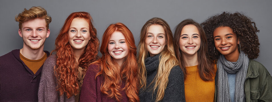 Diverse Young Adults Smile on Gray. Group showcases unity, friendship. Ideal for marketing, education, social media. - Powered by Adobe