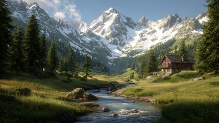 Scenic Mountain Valley – Snow-Capped Peaks, Green Meadows, and Serene Riverside Cabin