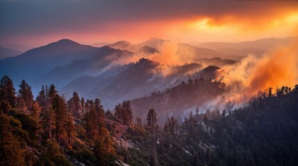 Fototapeta premium Breathtakingmountainlandscapeatduskwithfireandmistcoveringforestandhorizon.